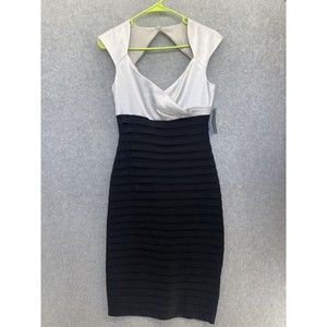 London Times Women's Dress Sleeveless Body Con Tiered Black White 4 Surplice